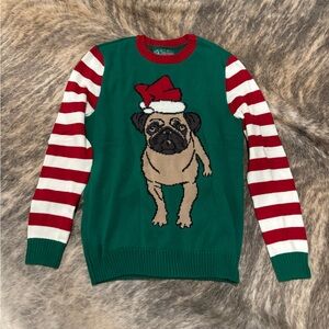 Ugly Christmas Sweater Pug Design - Green, Red, White